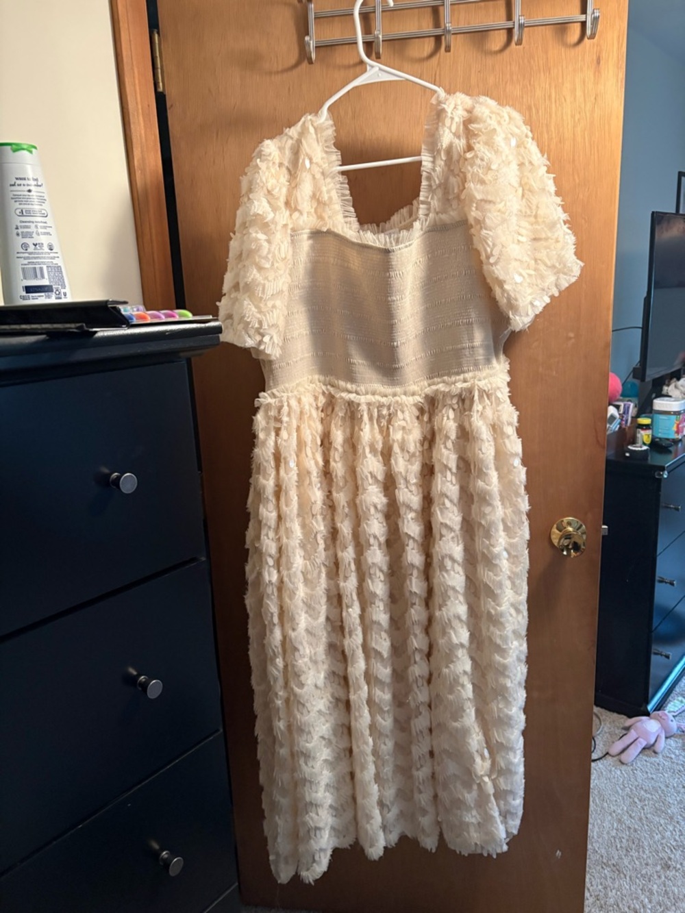 Cream Ruffled Dress with Puff Sleeves